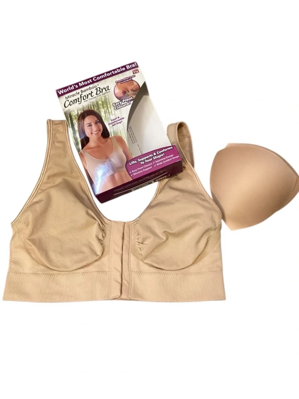 Miracle Bamboo Comfort Bra Nude Front Close Wireless Seamless 3XL Removable Pads